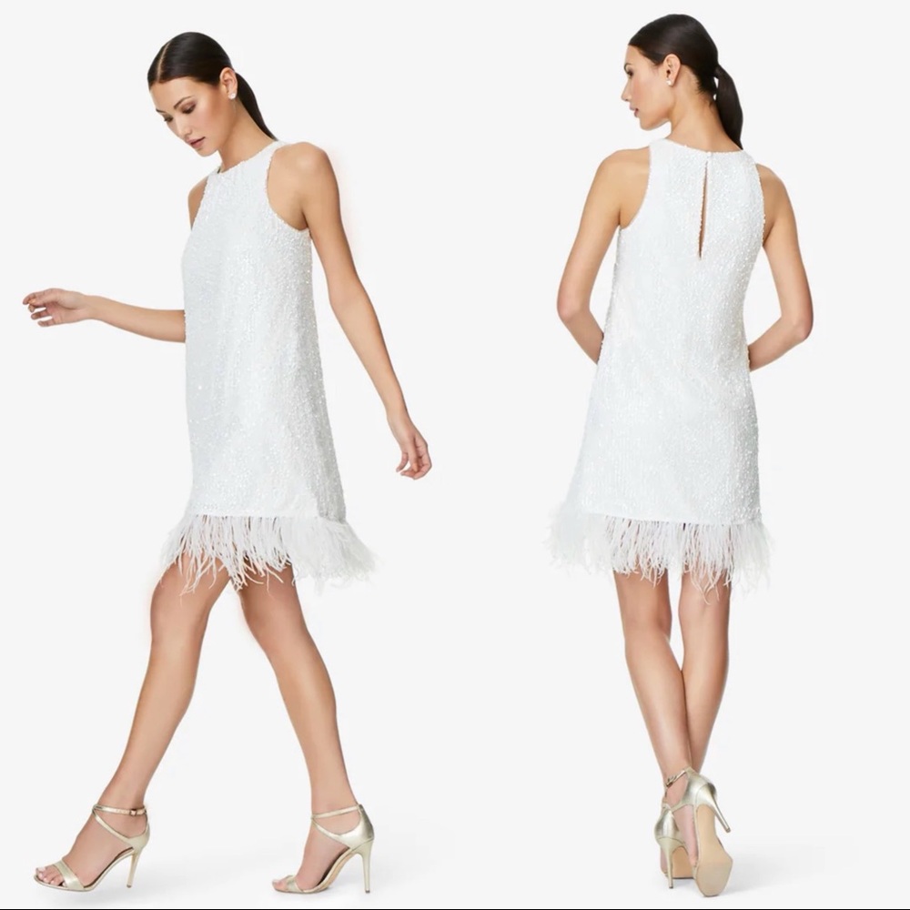 Aidan Maddox - Ivory Hand-Sequined Trapeze Halter Dress w/ Feather Trim (0)